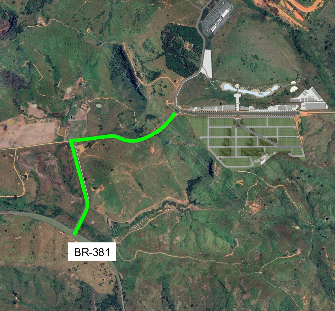 Mapa da apresentação com a nova via de acesso proposta entre a BR-381 e o America Garden, destacada em verde
