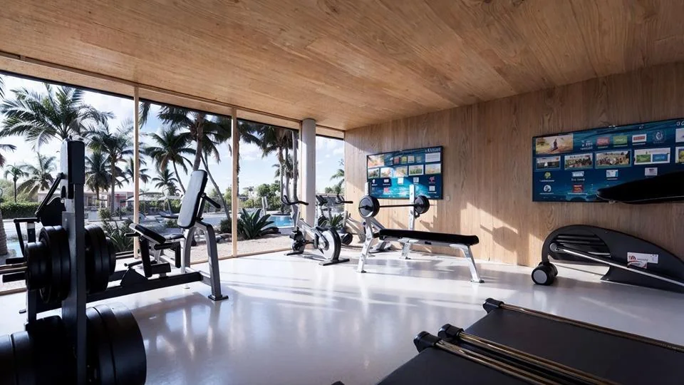 Perspectiva do espaço fitness com equipamentos e vista para a vegetação