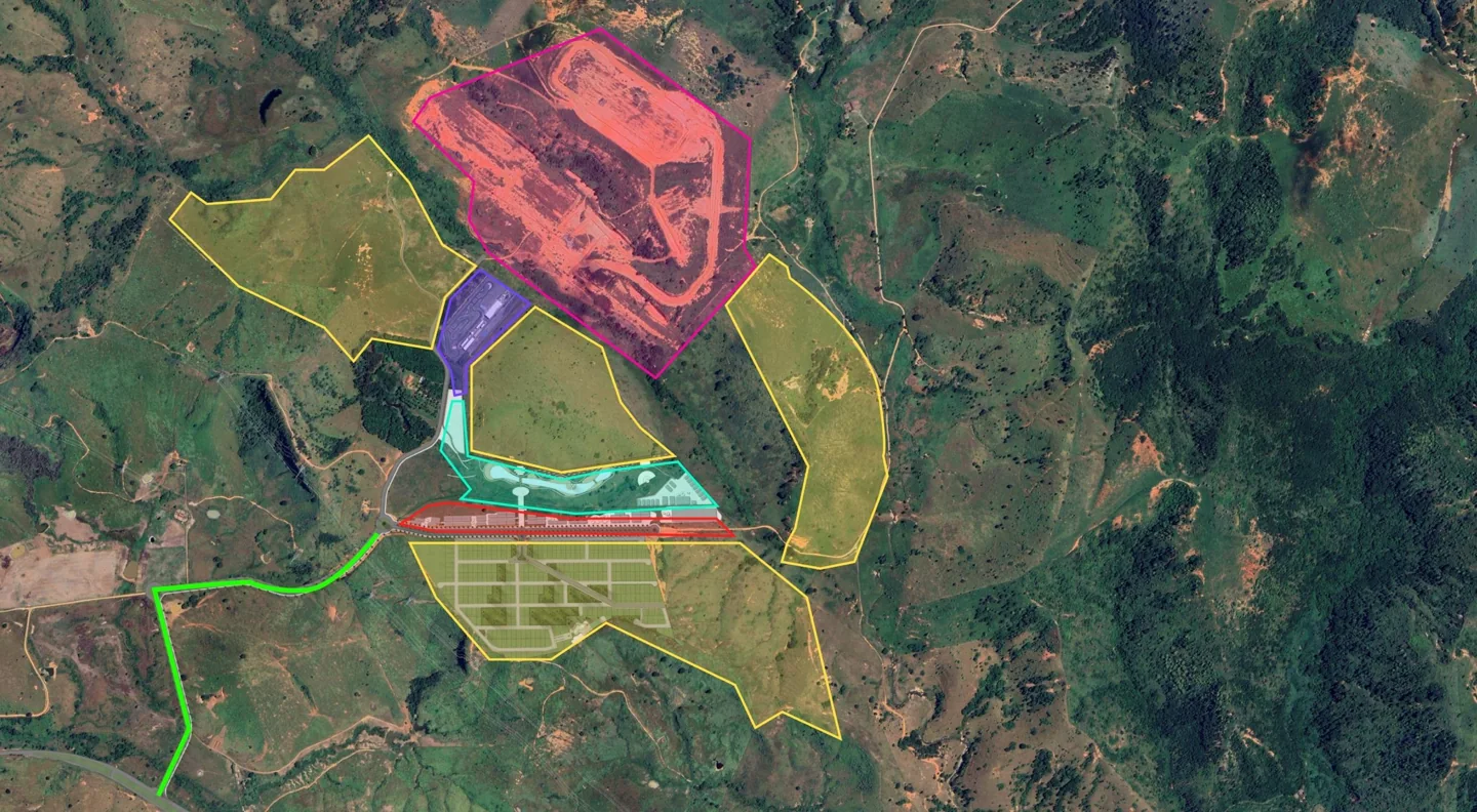 Masterplan ilustrativo do complexo, com os núcleos residenciais, parque aquático, mall e kartódromo